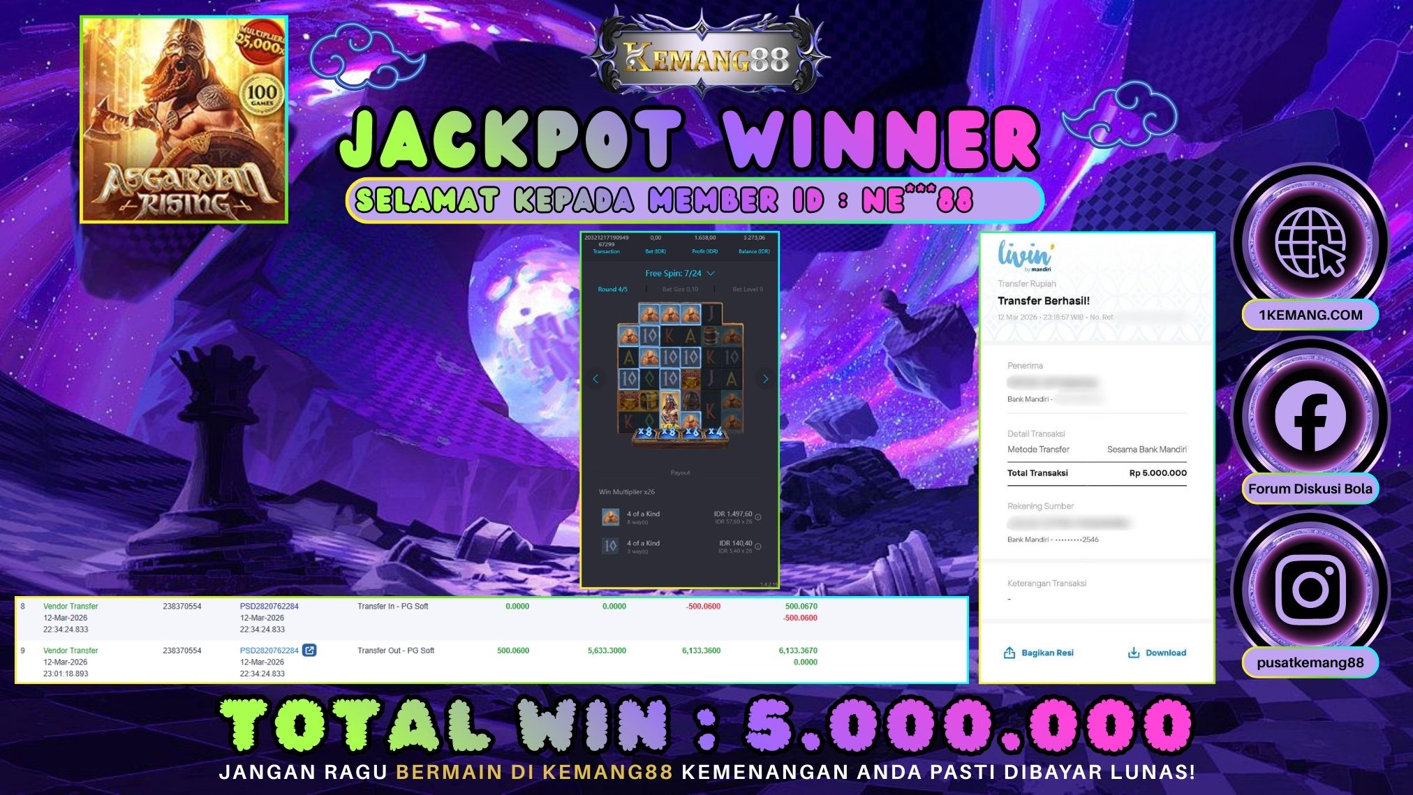 KEMANG88 [12 Maret 2026] : JACKPOT SLOT : ASGARDIAN RISING [PG] Rp. 5.000.000.,- LUNAS